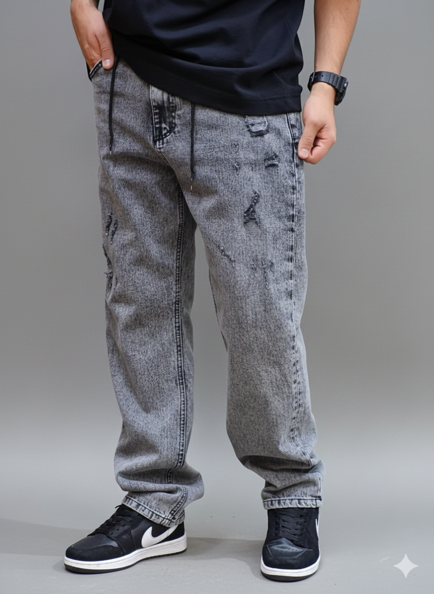 شلوار جین نیم بگ پارچه ترک طوسی زاپدار