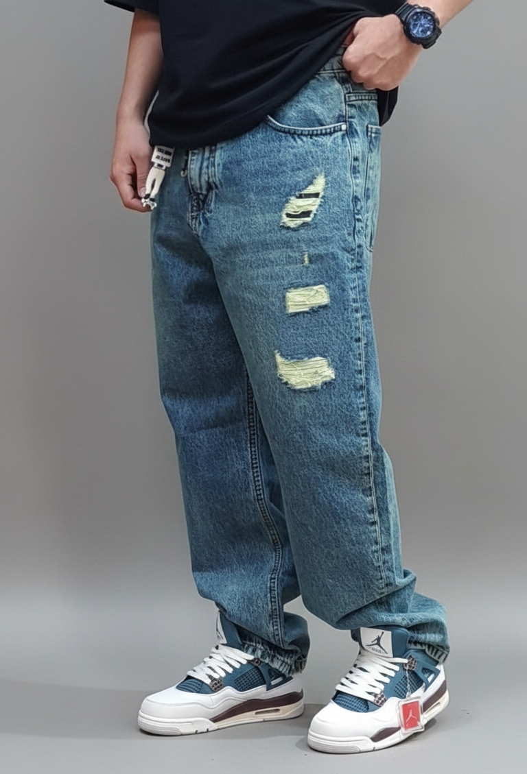 شلوار جین بگ پارچه ترک رنگ سبزآبی