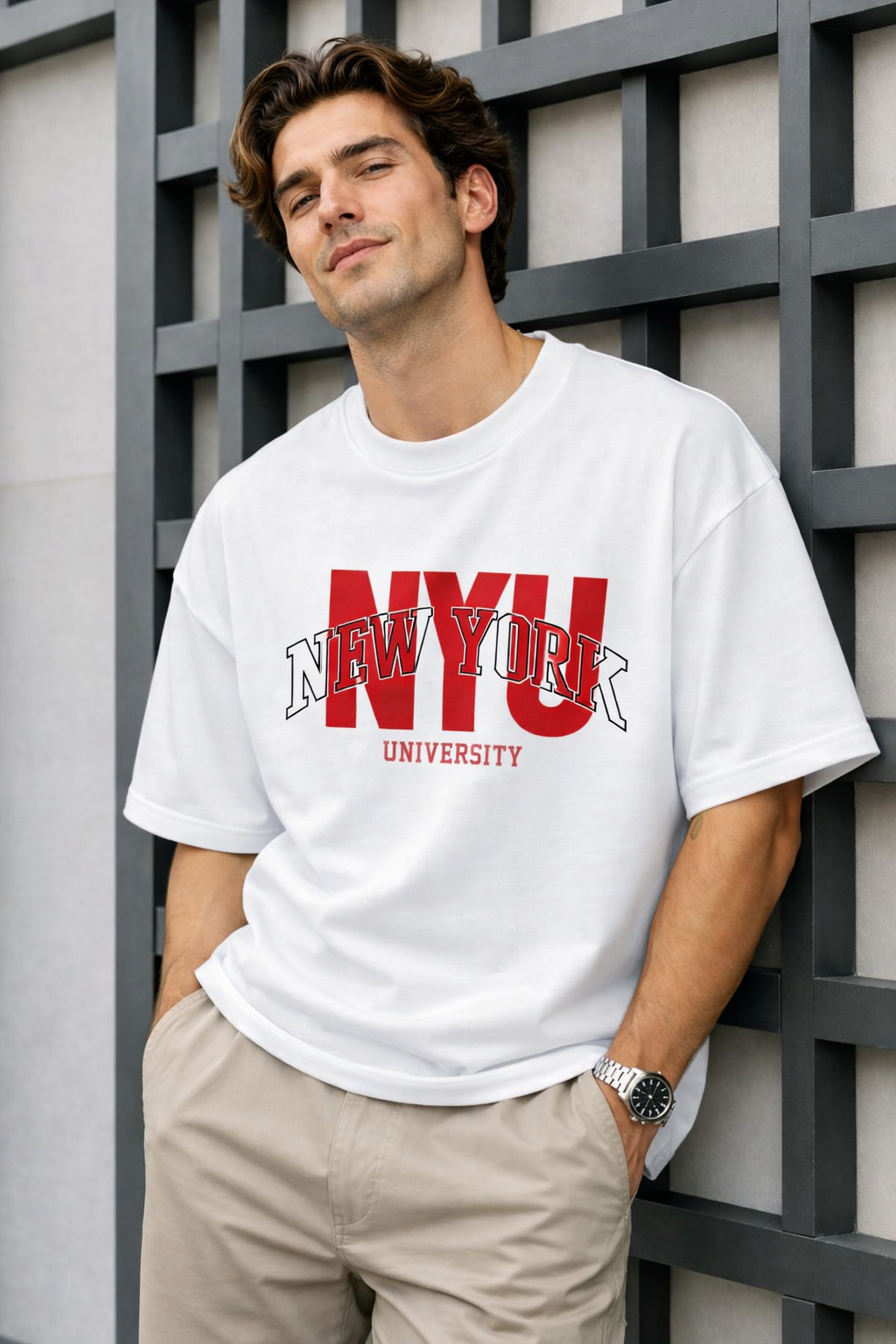 تیشرت مردانه سفید طرح NYU پارچه مچینست ترک