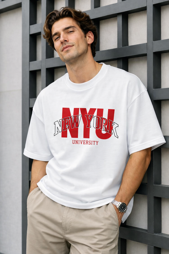 تیشرت مردانه سفید طرح NYU پارچه مچینست ترک